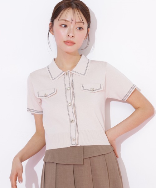 JILL by JILL STUART(ジルバイジルスチュアート)の「ステッチポロニット(ニット/セーター・レディース・ピンク/グリーン/ホワイト/ネイビー・FREE)」の4枚目の写真