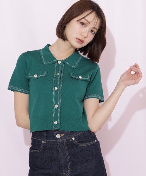 JILL by JILL STUART(ジルバイジルスチュアート)の「ステッチポロニット(ニット/セーター・レディース・ピンク/グリーン/ホワイト/ネイビー・FREE)」の9枚目の写真