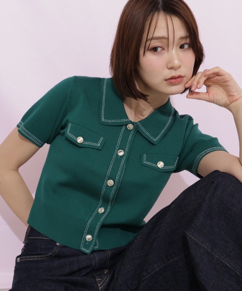 JILL by JILL STUART(ジルバイジルスチュアート)の「ステッチポロニット(ニット/セーター・レディース・ピンク/グリーン/ホワイト/ネイビー・FREE)」の5枚目の写真