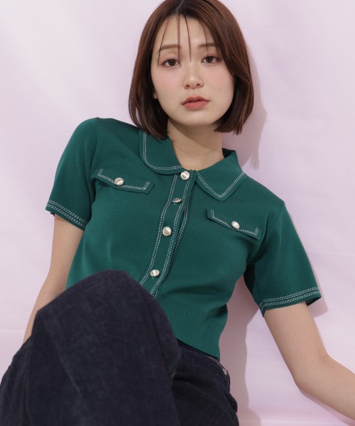 JILL by JILL STUART(ジルバイジルスチュアート)の「ステッチポロニット(ニット/セーター・レディース・ピンク/グリーン/ホワイト/ネイビー・FREE)」の6枚目の写真