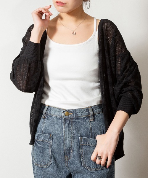 aity（アイティ）の「M-5L メッシュ編みVネック7分袖カーディガン 夏服（カーディガン/ボレロ・レディース・ライトグレー/ブラック・4L～5L/LL～3L/M～Ｌ）」の2枚目の写真