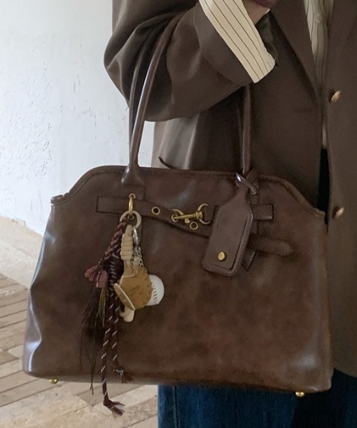Teem Store(チームストア)の「【A4対応/大容量】ベルテッド ハンドボストンバッグ 通勤 通学(ショルダーバッグ・レディース・ブラウン/ブラック・F)」の1枚目の写真