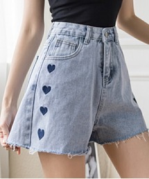 ハート柄ハイウエストデニムショートパンツ