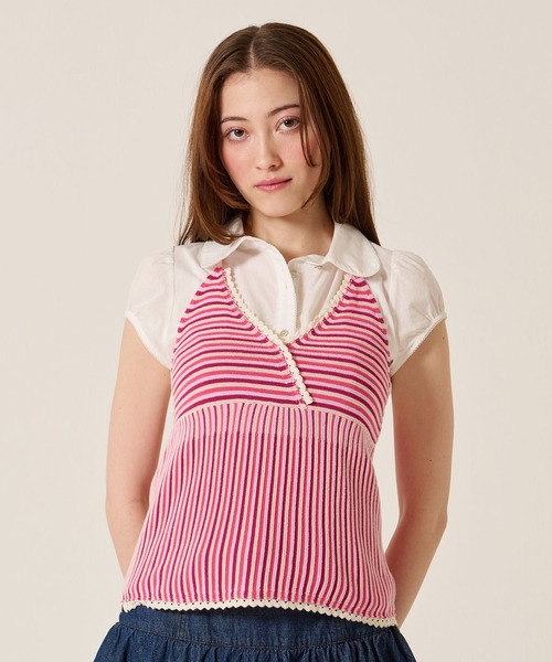 TINA：JOJUN（ティーナジョジュン）の「ホルターネック ニット トップス TINA：JOJUN（その他トップス・レディース・ピンク/アイボリー・M）」の2枚目の写真