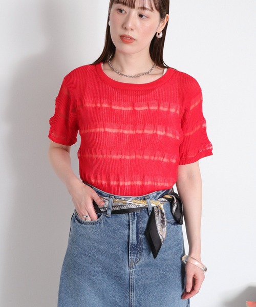 cepo（セポ）の「〈変わり編み〉シアーボーダーショートスリーブTee（Tシャツ/カットソー・レディース・オフホワイト/ブラック/イエロー/レッド・M）」の4枚目の写真