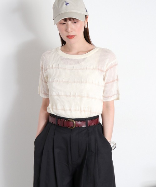 cepo（セポ）の「〈変わり編み〉シアーボーダーショートスリーブTee（Tシャツ/カットソー・レディース・オフホワイト/ブラック/イエロー/レッド・M）」の2枚目の写真