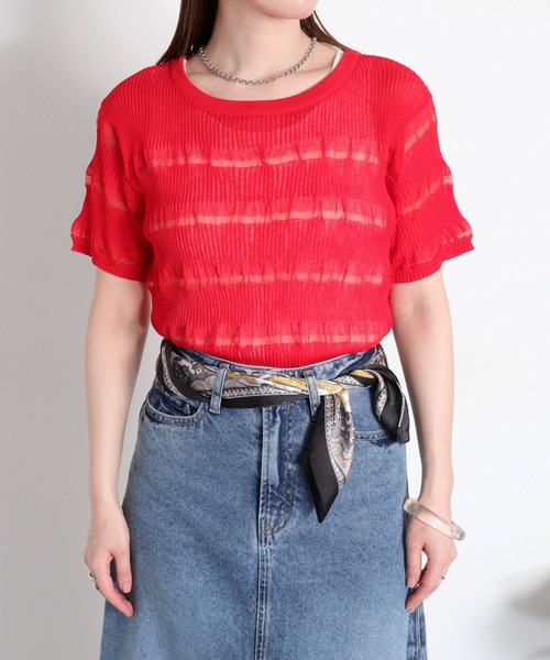 cepo（セポ）の「〈変わり編み〉シアーボーダーショートスリーブTee（Tシャツ/カットソー・レディース・オフホワイト/ブラック/イエロー/レッド・M）」の7枚目の写真