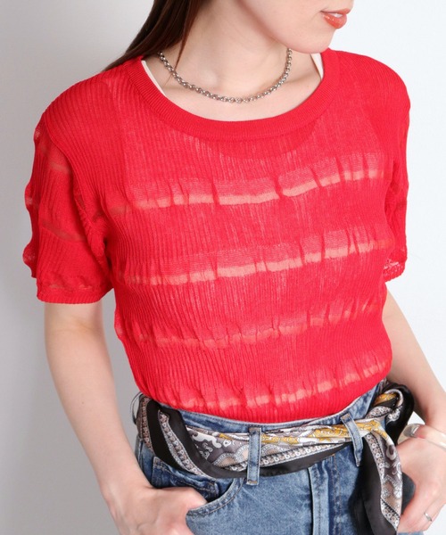 cepo（セポ）の「〈変わり編み〉シアーボーダーショートスリーブTee（Tシャツ/カットソー・レディース・オフホワイト/ブラック/イエロー/レッド・M）」の12枚目の写真