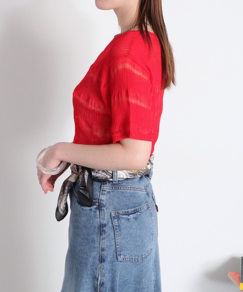 cepo（セポ）の「〈変わり編み〉シアーボーダーショートスリーブTee（Tシャツ/カットソー・レディース・オフホワイト/ブラック/イエロー/レッド・M）」の9枚目の写真