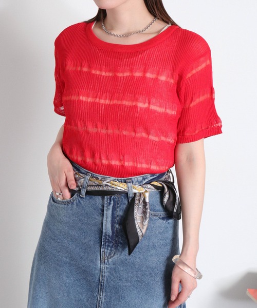 cepo（セポ）の「〈変わり編み〉シアーボーダーショートスリーブTee（Tシャツ/カットソー・レディース・オフホワイト/ブラック/イエロー/レッド・M）」の8枚目の写真