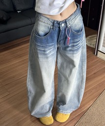 裾デザインデニムワイドパンツ