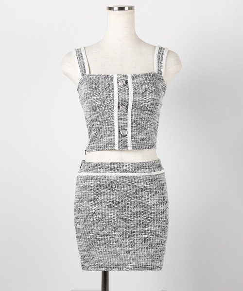 me+em select(ミームセレクト)の「※【 セットアップ】ツイードボタンショートビスチェ + ミニスカート SET / 【 SETUP 】tweed button short buister + mini skirt SET(セットアップ・レディース・ブラック/ピンク・SMALL/MEDIUM)」の5枚目の写真