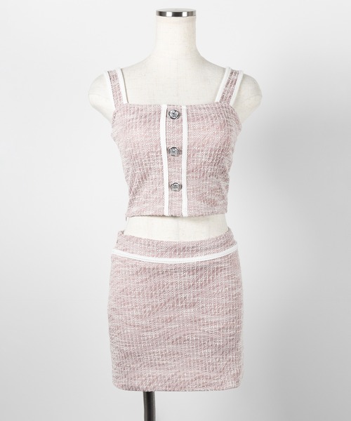me+em select(ミームセレクト)の「※【 セットアップ】ツイードボタンショートビスチェ + ミニスカート SET / 【 SETUP 】tweed button short buister + mini skirt SET(セットアップ・レディース・ブラック/ピンク・SMALL/MEDIUM)」の7枚目の写真