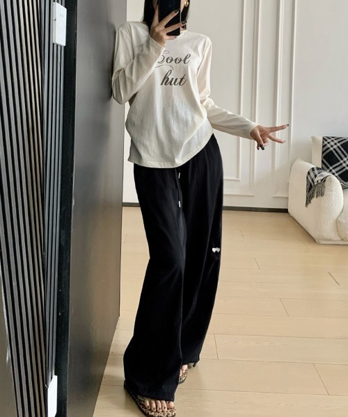 Miniministore（ミニミニストア）の「ハート刺しゅう ワイドパンツ 春夏秋（スラックス・レディース・ネイビー/アイボリー/ブラック/ライトブルー・M/L）」の17枚目の写真