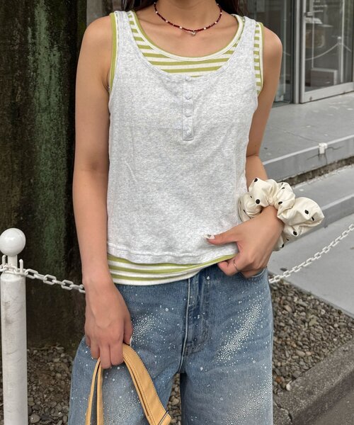 CIAOPANIC(チャオパニック)の「【2点SET】ローズボタンボーダーレイヤードタンク(キャミソール・レディース・グリーン/サックスブルー/レッド・ONE SIZE)」の5枚目の写真