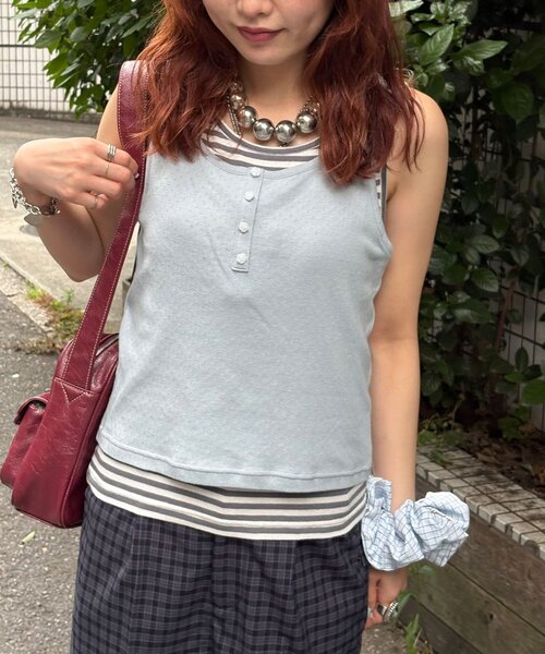 CIAOPANIC(チャオパニック)の「【2点SET】ローズボタンボーダーレイヤードタンク(キャミソール・レディース・グリーン/サックスブルー/レッド・ONE SIZE)」の14枚目の写真