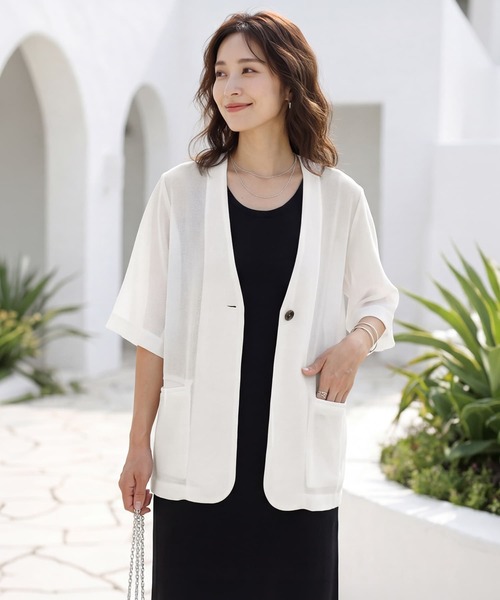 STYLE DELI(スタイルデリ)の「【selection】5分袖メッシュノーカラージャケット(Tシャツ/カットソー・レディース・ブラック/オフホワイト/チャコールグレー・FREE)」の2枚目の写真