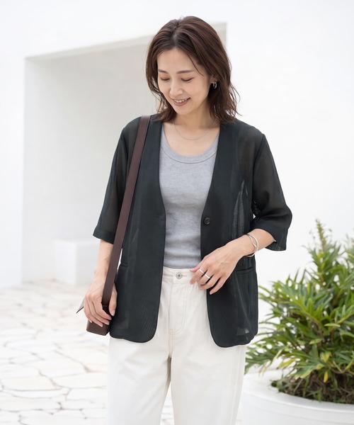 STYLE DELI(スタイルデリ)の「【selection】5分袖メッシュノーカラージャケット(Tシャツ/カットソー・レディース・ブラック/オフホワイト/チャコールグレー・FREE)」の1枚目の写真