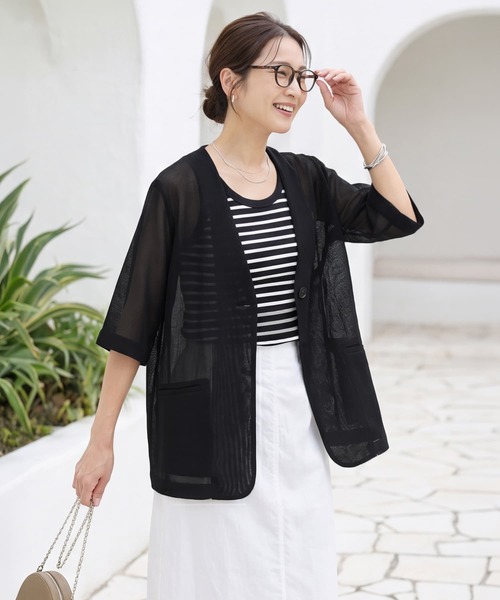 STYLE DELI(スタイルデリ)の「【selection】5分袖メッシュノーカラージャケット(Tシャツ/カットソー・レディース・ブラック/オフホワイト/チャコールグレー・FREE)」の3枚目の写真