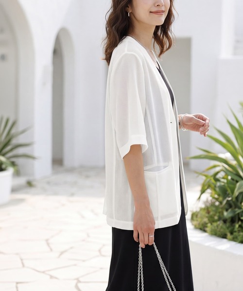 STYLE DELI(スタイルデリ)の「【selection】5分袖メッシュノーカラージャケット(Tシャツ/カットソー・レディース・ブラック/オフホワイト/チャコールグレー・FREE)」の6枚目の写真