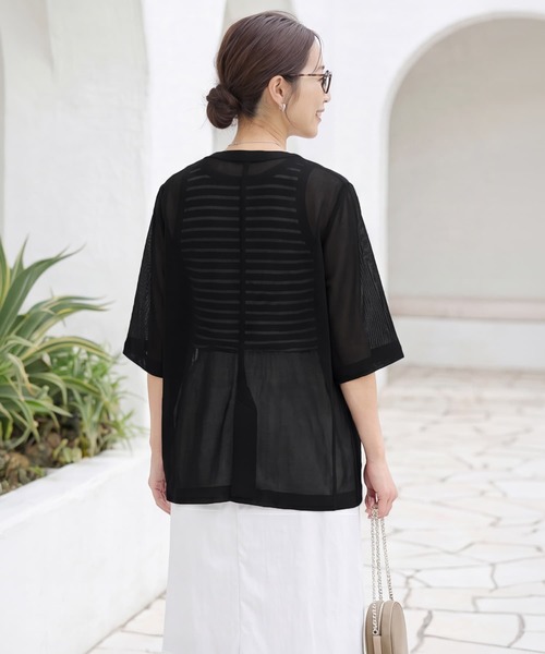 STYLE DELI(スタイルデリ)の「【selection】5分袖メッシュノーカラージャケット(Tシャツ/カットソー・レディース・ブラック/オフホワイト/チャコールグレー・FREE)」の9枚目の写真