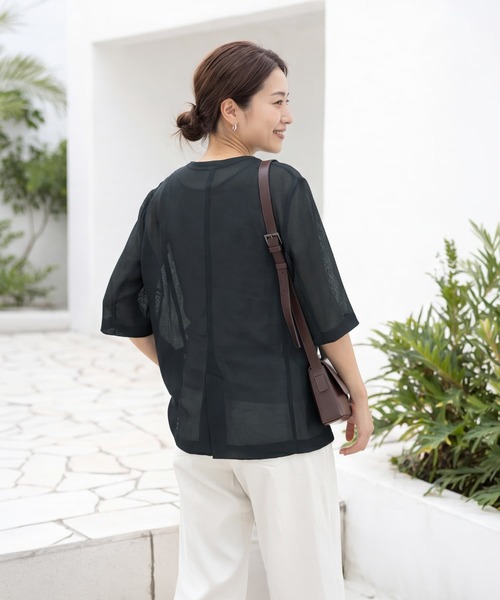 STYLE DELI(スタイルデリ)の「【selection】5分袖メッシュノーカラージャケット(Tシャツ/カットソー・レディース・ブラック/オフホワイト/チャコールグレー・FREE)」の13枚目の写真