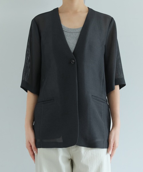 STYLE DELI(スタイルデリ)の「【selection】5分袖メッシュノーカラージャケット(Tシャツ/カットソー・レディース・ブラック/オフホワイト/チャコールグレー・FREE)」の14枚目の写真