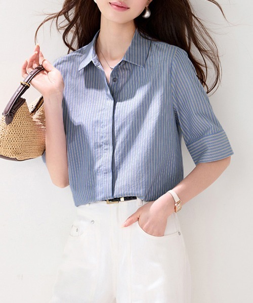 ReRe（リリ）の「ストライプ柄半袖シャツ（シャツ/ブラウス・レディース・ブルー・MEDIUM/X-LARGE/LARGE）」の6枚目の写真