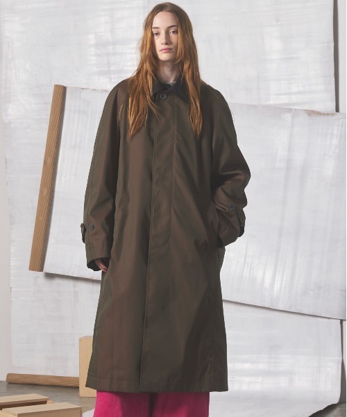 MAISON SPECIAL(メゾンスペシャル)の「《UNISEX》120/2/2 Suvin Cotton Gabardine Prime-Over Leather Collar Balmacaan Coat/スビンコットンギャバジンプライムオーバー衿レザーステンカラーコート【MAISON SPECIAL/メゾンスペシャル】■セットアップ対応■(ステンカラーコート・メンズ・ブラック/ブルー/チャコールグレー/カーキ・2/1/0)」の3枚目の写真