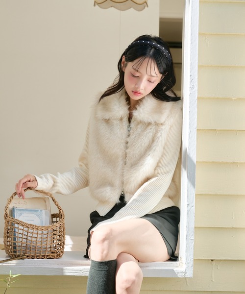 apres jour mignon（アプレジュールミニョン）の「フェイクファー袖リブブルゾン（ブルゾン・レディース・ブラウン系その他/モカ/オフホワイト/ブルー・LARGE/フリー）」の7枚目の写真