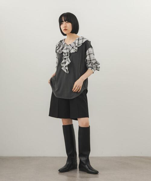 KBF(ケイビーエフ)の「チェックフリルドッキングトップス(Tシャツ/カットソー・レディース・オートミール/チャコールグレー/ベージュ・ONE)」の6枚目の写真