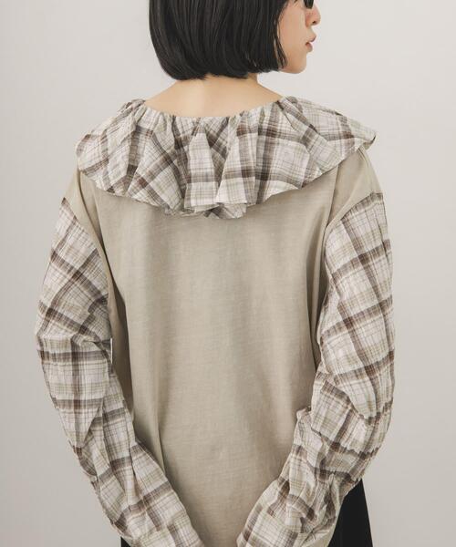 KBF(ケイビーエフ)の「チェックフリルドッキングトップス(Tシャツ/カットソー・レディース・オートミール/チャコールグレー/ベージュ・ONE)」の13枚目の写真