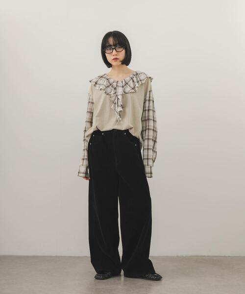 KBF(ケイビーエフ)の「チェックフリルドッキングトップス(Tシャツ/カットソー・レディース・オートミール/チャコールグレー/ベージュ・ONE)」の14枚目の写真