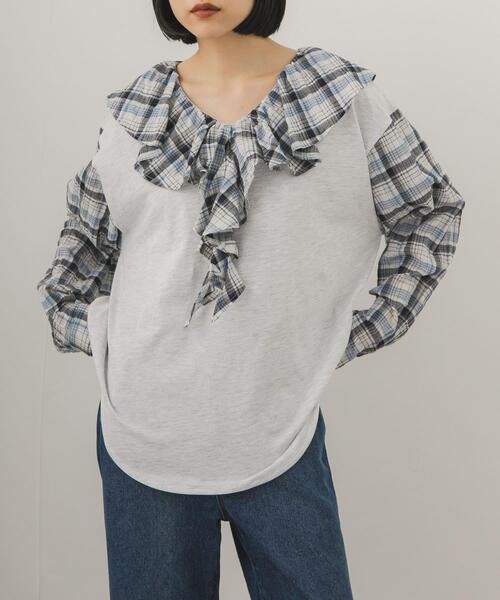 KBF(ケイビーエフ)の「チェックフリルドッキングトップス(Tシャツ/カットソー・レディース・オートミール/チャコールグレー/ベージュ・ONE)」の20枚目の写真
