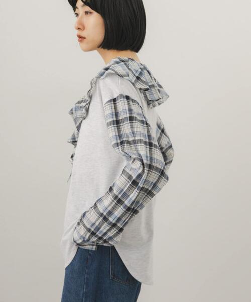 KBF(ケイビーエフ)の「チェックフリルドッキングトップス(Tシャツ/カットソー・レディース・オートミール/チャコールグレー/ベージュ・ONE)」の22枚目の写真