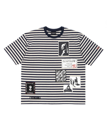 BLACK BLOND（ブラック ブロンド）の「ビビディエンザイアティマルチパッチストライプ半袖Tシャツ（ネイビー＆サンド）（Tシャツ/カットソー）」
