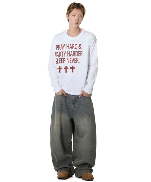 Openyard(オープンヤード)の「『Openyard/オープンヤード』PRAY HARD LONG SLEEVE TEE/プレイハード長袖Tシャツ(Tシャツ/カットソー・レディース・ホワイト/ブラック・L/M/S)」の7枚目の写真