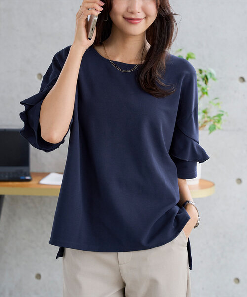 KOBE LETTUCE（コウベレタス）の「[ オフィスカジュアル ]シワになりにくいストレッチ袖フリルカットトップス（シャツ/ブラウス・レディース・オフホワイト/ブラック/ネイビー・M）」の15枚目の写真