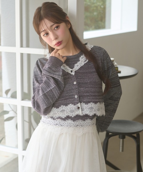 Ambre Neige（アンブルネージュ）の「lace glitter knit ensemble / レースラメニットアンサンブル（カーディガン/ボレロ・レディース・チャコールグレー/ネイビー/ボルドー・FREE）」の2枚目の写真
