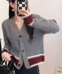 配色 ライン ニット カーディガン