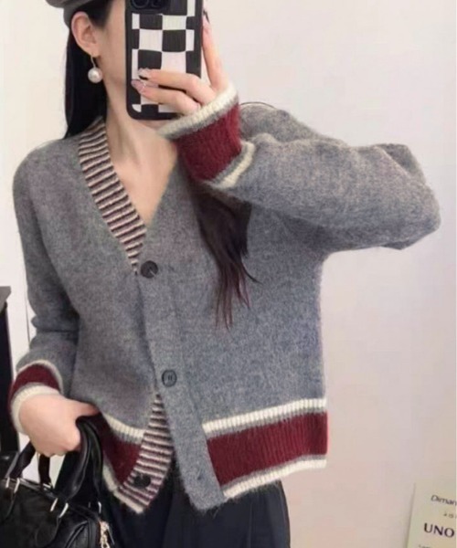 kirakiraShop(キラキラショップ)の「配色 ライン ニット カーディガン(カーディガン/ボレロ・レディース・アイボリー/モカ/グレー・FREE)」の2枚目の写真