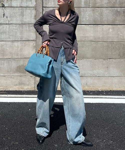 Ameri（アメリ）の「RELAX CUT TOP WITH 2WAY BARE TOP（Tシャツ/カットソー・レディース・アイボリー/スミクロ/ライトブルー・FREE）」の8枚目の写真