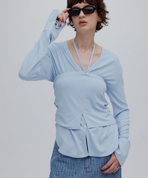 Ameri（アメリ）の「RELAX CUT TOP WITH 2WAY BARE TOP（Tシャツ/カットソー・レディース・アイボリー/スミクロ/ライトブルー・FREE）」の14枚目の写真