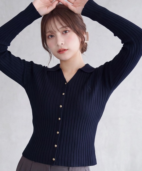 ASTORIA ODIER(アストリアオディール)の「刺しゅうポロ襟リブニット(長袖/伸縮/オフィス/休日)(ニット/セーター・レディース・ベージュ/ワイン/ライトグレー/ネイビー・MEDIUM)」の3枚目の写真