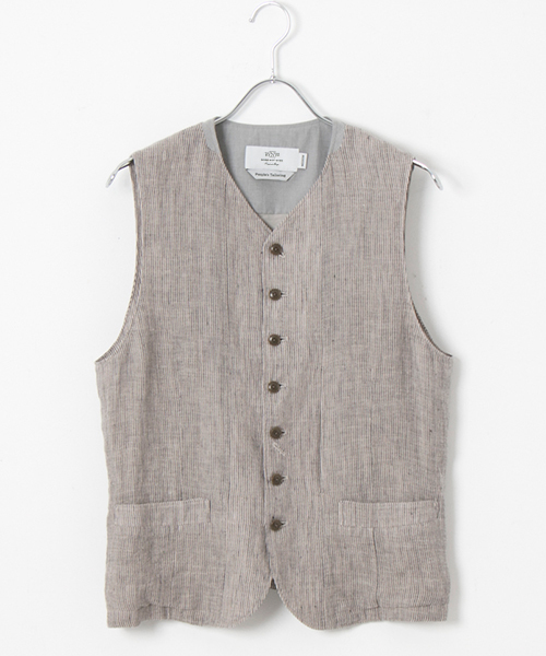 WORK NOT WORK URBAN RESEARCH（ワークノットワークアーバンリサーチ）の「WORK NOT WORK　ストライプリネンノーカラーベスト（ベスト・メンズ・ナチュラル/ブルー・LARGE/MEDIUM/SMALL）」の7枚目の写真