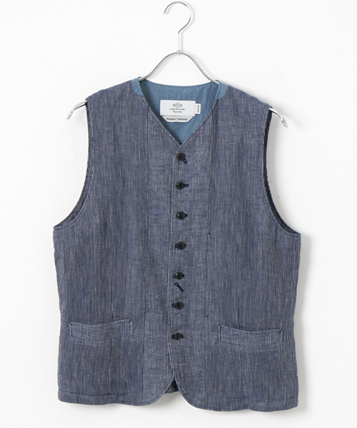 WORK NOT WORK URBAN RESEARCH（ワークノットワークアーバンリサーチ）の「WORK NOT WORK　ストライプリネンノーカラーベスト（ベスト・メンズ・ナチュラル/ブルー・LARGE/MEDIUM/SMALL）」の9枚目の写真