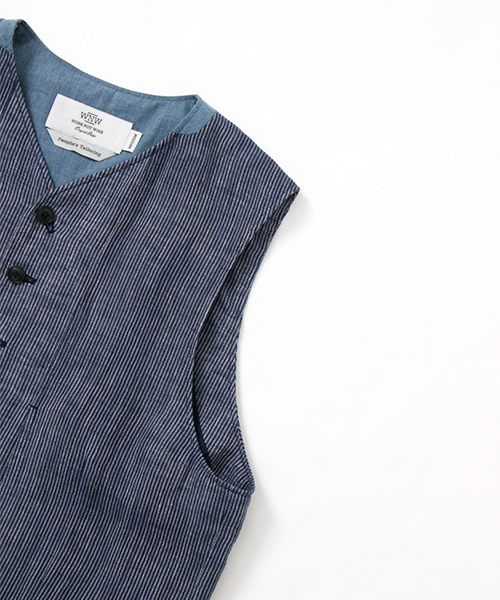 WORK NOT WORK URBAN RESEARCH（ワークノットワークアーバンリサーチ）の「WORK NOT WORK　ストライプリネンノーカラーベスト（ベスト・メンズ・ナチュラル/ブルー・LARGE/MEDIUM/SMALL）」の12枚目の写真