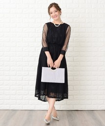 ドットチュール袖×花柄総レースフィッシュテールフォーマルワンピース・ドレス