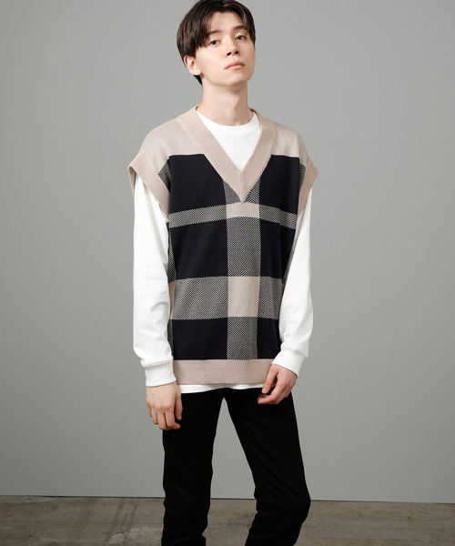 JUNRED（ジュンレッド）の「BIGチェックベスト（ベスト・メンズ・ブラック/ベージュ・FREE）」の2枚目の写真