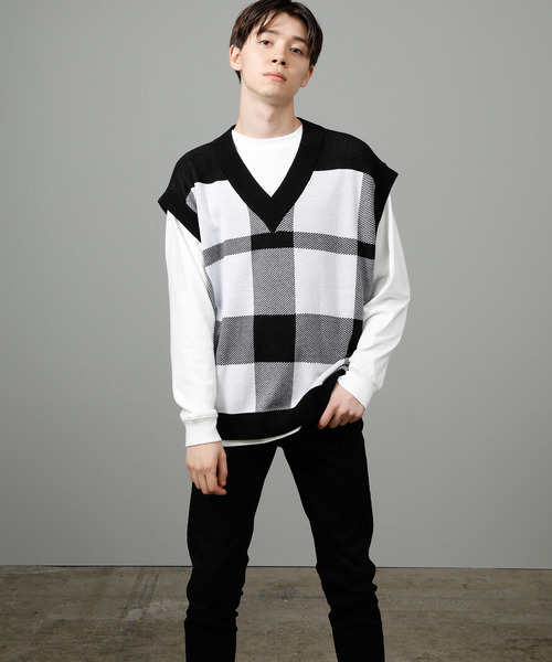 JUNRED（ジュンレッド）の「BIGチェックベスト（ベスト・メンズ・ブラック/ベージュ・FREE）」の3枚目の写真